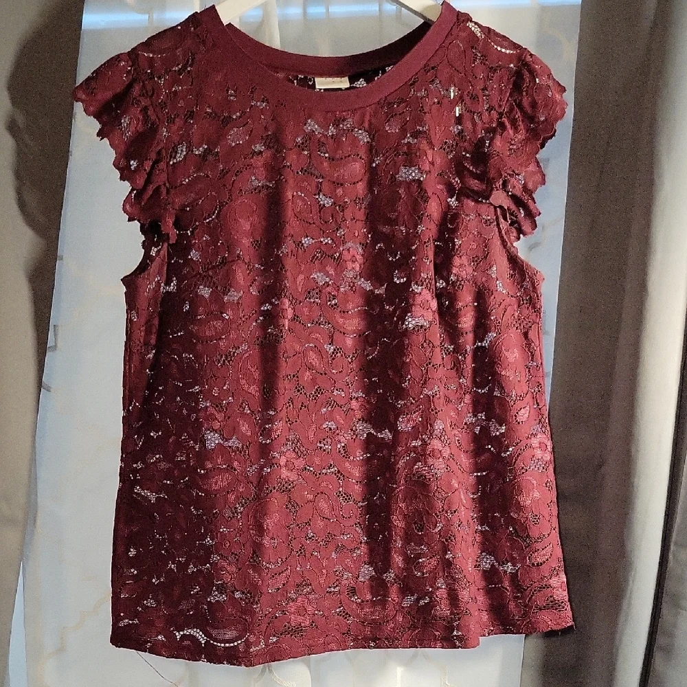 A New Day Wine Flutter Sleeve Ruffled Blouse - Picture 2 of 5